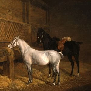 A Grey Pony and a Black Charger in a Stable Signed, lower right: J. L. Agasse"