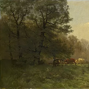 Landscape plowing peasants oil canvas 76. 5 x 130 cm