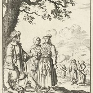 Lapland men and women talking under a tree, Jan Luyken, 1682