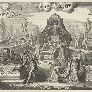 Men and women look in the opened tombs of historical figures, Cornelis van Dalen I, 1655