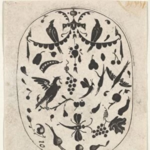 Oval Blackwork Print Birds Insects Fruits ca