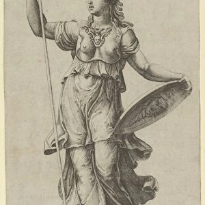Pallas Athena standing globe holding spear left hand