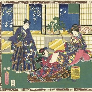 Prince Genji, an elegantly dressed woman and a maid, Japanese print, Kunisada (I)