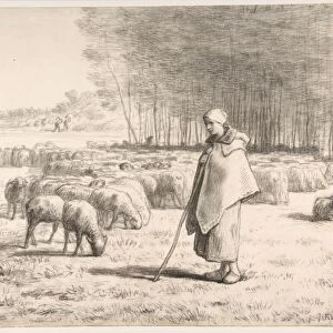 Shepherdess Flock ca 1852 Conte crayon stumping