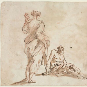 A Standing Woman Holding Child Seated Male Feet
