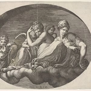 Venus Cupid two goddesses seated cloud under