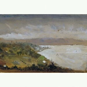 View Hudson River Catskills 1870s Oil paper 7 1 / 2 x 13 15 / 16