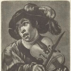 Violin player boy feathered hat head playing