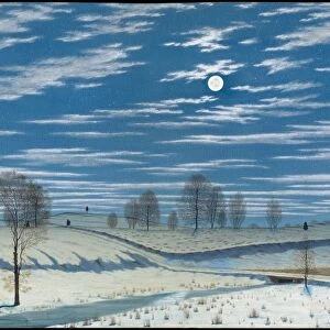 Winter Scene Moonlight 1869 Watercolor gouache