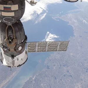 A docked Russian Soyuz spacecraft