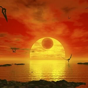 Flying life forms grace the crimson skies of the earth-like extrasolar planet Gliese