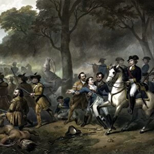 George Washington on horseback leading troops at the Battle of the Monongahela