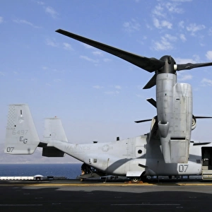A U. S. Marine Corps MV-22 Osprey prepares for flight on the deck USS Wasp