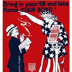 Vintage World War I poster of a man smoking a cigar as Lady Liberty points at him