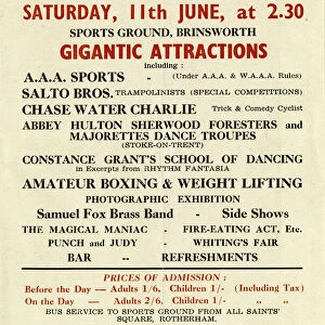 Steel Peech and Tozer Social Services, gala and sports meeting, Saturday 11th June [c. 1930s], Sports Ground, Brinsworth