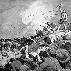 Battle of Mons Badonicus, c500 AD, (c1920). Artist: C Dudley Tennant