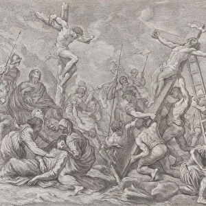The Crucifixion, with the lowering of the cross at center, soldiers throughout