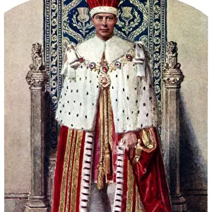 George VI in coronation robes: the Crimson Robe of State, with the Cap of Maintenance, 1937. Artist: Fortunino Matania