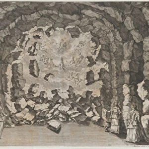 A grotto with collapsing rocks, opening to a sky full of the enthroned gods of Olympus, in... 1678. Creator: Mathaus Küsel