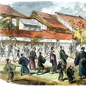 Japanese game of battledore and shuttlecock in the streets of Yokohama, 1865