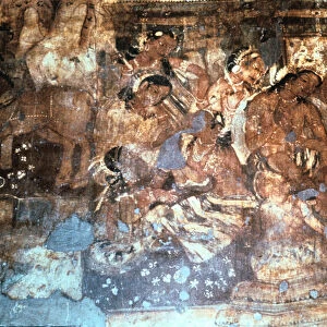 King Mahajanaka listening to Queen Vivali, Ajanta cave fresco, India, 1st-5th century AD