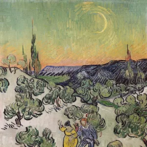 Landscape with Couple Walking and Crescent Moon, 1890. Creator: Gogh, Vincent, van (1853-1890)