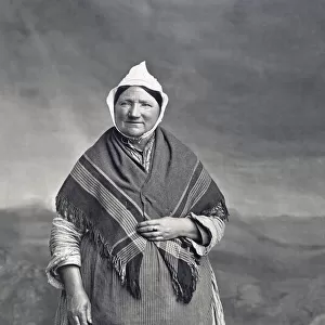 Fishwife from Aberdeen with basket, professional portrait in studio; Aberdeen, Scotland