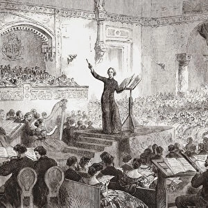 Franz Liszt conducting the performance of his new oratorio, The Legend of St. Elizabeth, in Pest, Hungary in 1865. Franz Liszt, 1811 - 1886. Hungarian composer, virtuoso pianist, conductor, music teacher, arranger, organist, writer, philanthropist, Hungarian nationalist and a Franciscan tertiary. From The Illustrated London News, published 1865