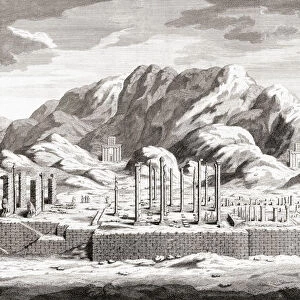 Ruins of the palace of Persian King Darius I at Persepolis, ceremonial capital of the Achaemenid Empire, in present day Iran. After a print dating from the mid-18th century