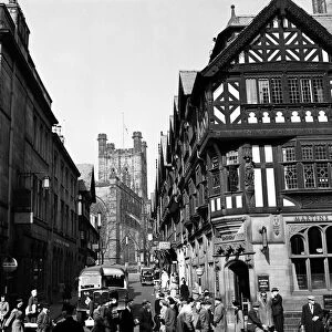 Street scenes in Chester with a view of the Cathedral, Cheshire. April 1953
