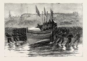 The Launch of a New Lifeboat at Cullercoats Northumberland, Engraving 1884, Uk, Britain The Launch of a New Lifeboat at Cullercoats Northumberland, Engraving 1884, Uk, Britain