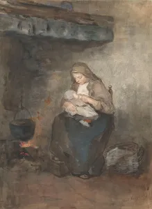 Mother suckles child fireplace nursing suckling Mother suckles child fireplace nursing suckling